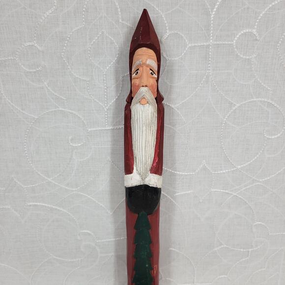 Vintage Folk Art Pencil Santa 13" Red Green Christmas Tree Carved Wood 1975 - Picture 1 of 16